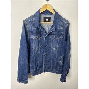 G star Jacket Mens M blue denim button Biker Light Distress Jean 3301 Slim